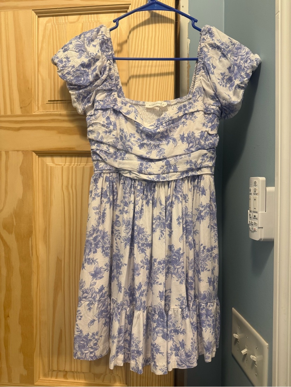 Altar'd State White and Blue Floral Smocked Neck Top